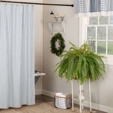 Sawyer Mill Blue/Red/Charcoal Ticking Stripe Shower Curtain 72